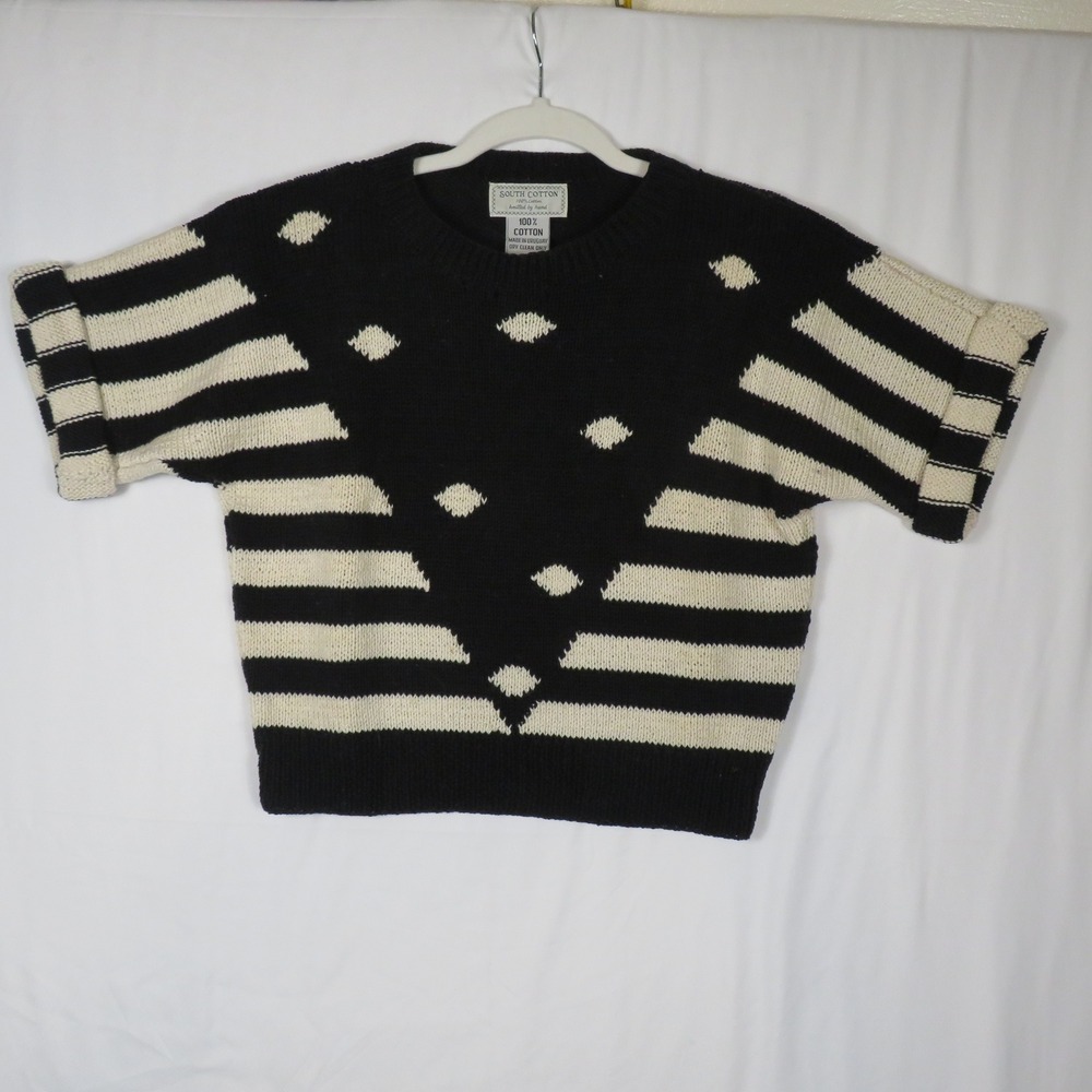 South Cotton Knit Top Short Sleeve Striped Geometric Sweater Medium